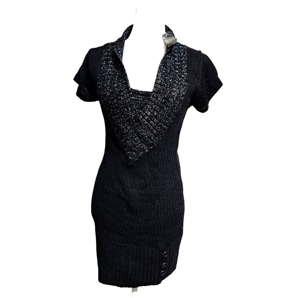 Red Paint Knit‎ Sweater Dress Size L Black Silver Holiday Party Office Party